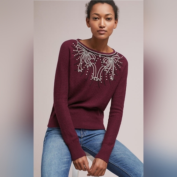 Anthropologie Field Flower Pearled Bow Beaded Sweater Wool Blend Burgundy Sz Med - Picture 2 of 12